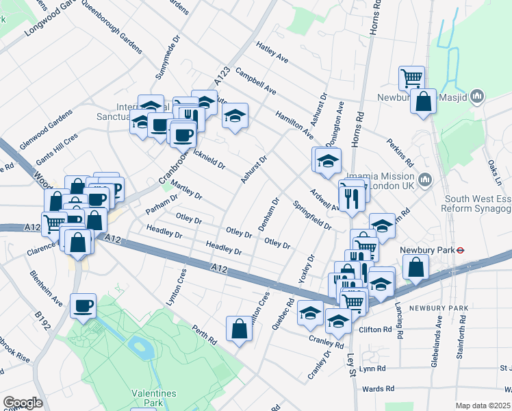 map of restaurants, bars, coffee shops, grocery stores, and more near in Ilford