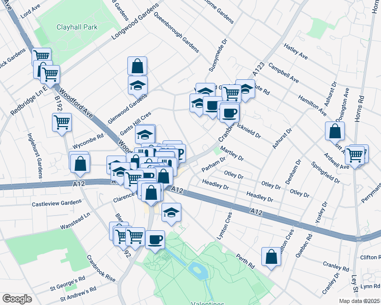 map of restaurants, bars, coffee shops, grocery stores, and more near in Ilford