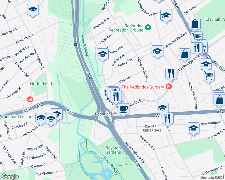 map of restaurants, bars, coffee shops, grocery stores, and more near in Ilford