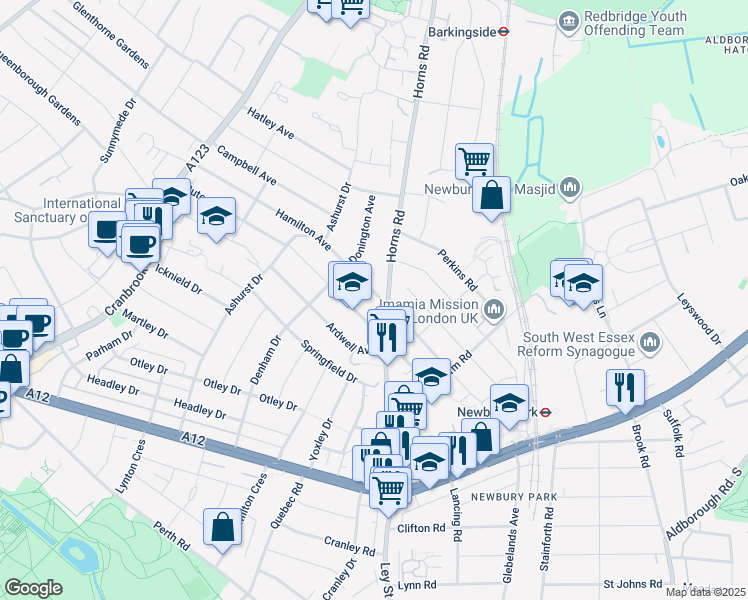 map of restaurants, bars, coffee shops, grocery stores, and more near in Ilford