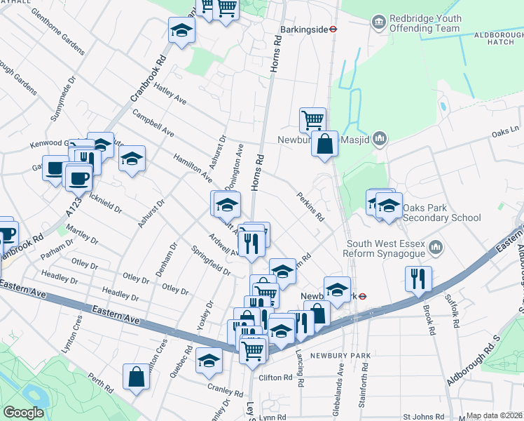 map of restaurants, bars, coffee shops, grocery stores, and more near in Ilford