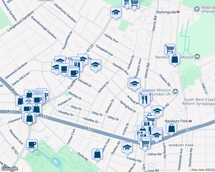 map of restaurants, bars, coffee shops, grocery stores, and more near 162 Springfield Drive in Greater London