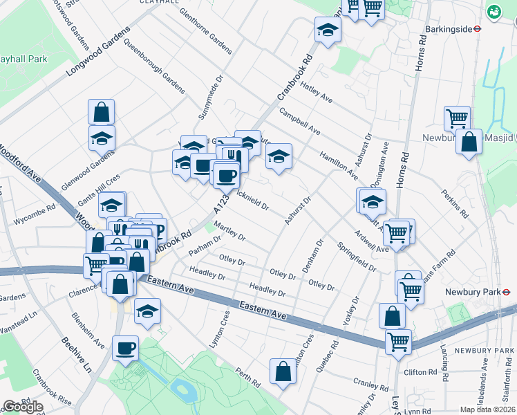 map of restaurants, bars, coffee shops, grocery stores, and more near 32 Icknield Drive in Greater London
