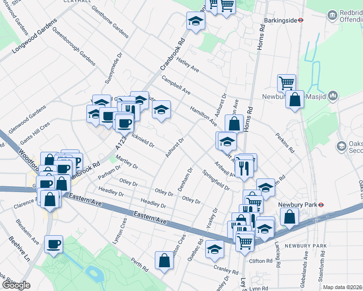 map of restaurants, bars, coffee shops, grocery stores, and more near 162 Springfield Drive in Greater London