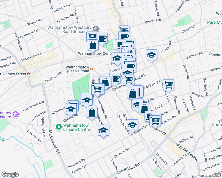 map of restaurants, bars, coffee shops, grocery stores, and more near 44 Queens Road in Greater London