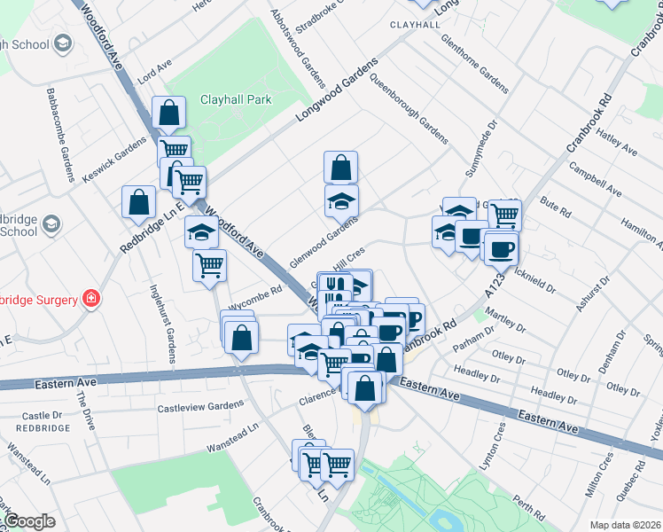 map of restaurants, bars, coffee shops, grocery stores, and more near in Ilford