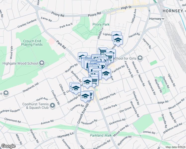 map of restaurants, bars, coffee shops, grocery stores, and more near Park Road in Greater London