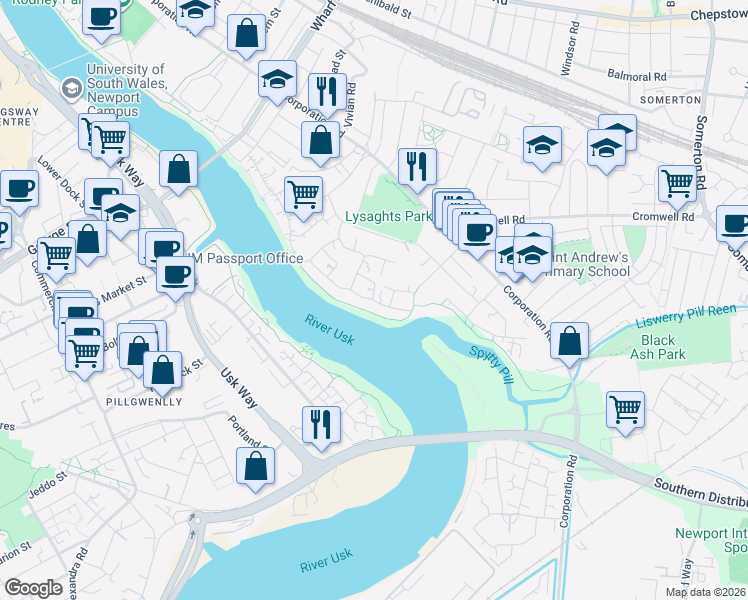 map of restaurants, bars, coffee shops, grocery stores, and more near Argosy Way in Newport