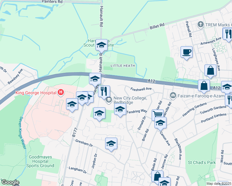 map of restaurants, bars, coffee shops, grocery stores, and more near Chadwell Heath Lane in Greater London