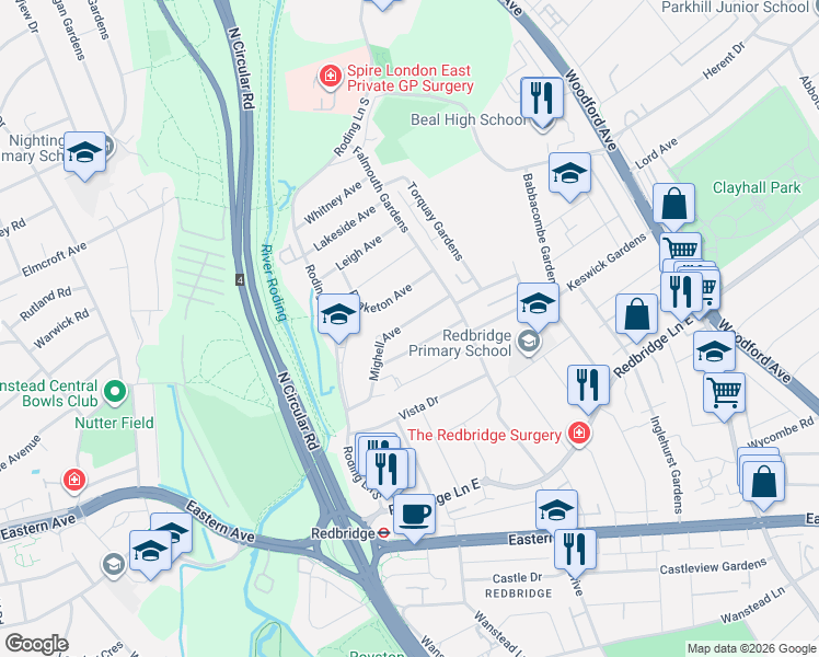 map of restaurants, bars, coffee shops, grocery stores, and more near 9 Peaketon Avenue in Ilford