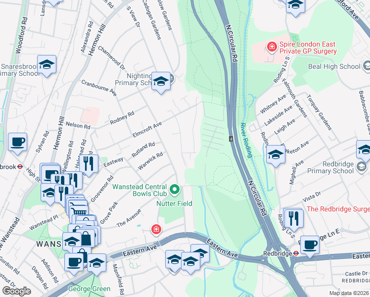 map of restaurants, bars, coffee shops, grocery stores, and more near 4 Lorne Gardens in Greater London