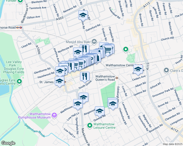 map of restaurants, bars, coffee shops, grocery stores, and more near 15 South Grove in Greater London