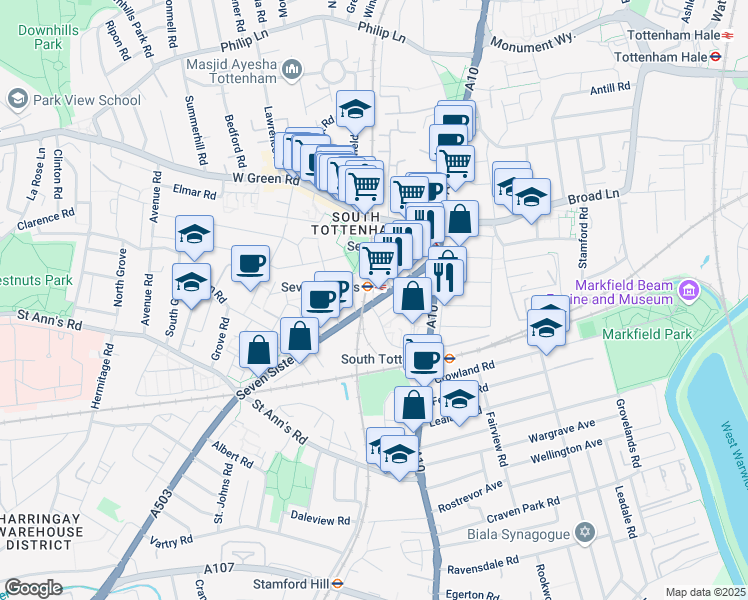 map of restaurants, bars, coffee shops, grocery stores, and more near 667 Seven Sisters Road in London