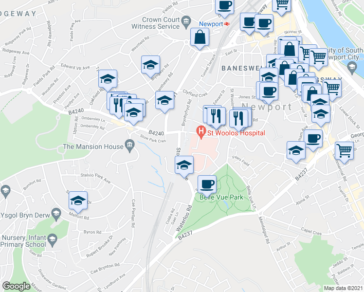 map of restaurants, bars, coffee shops, grocery stores, and more near Stow Park Avenue in Newport