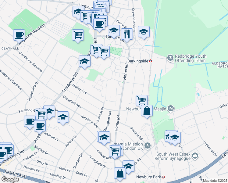 map of restaurants, bars, coffee shops, grocery stores, and more near in Ilford
