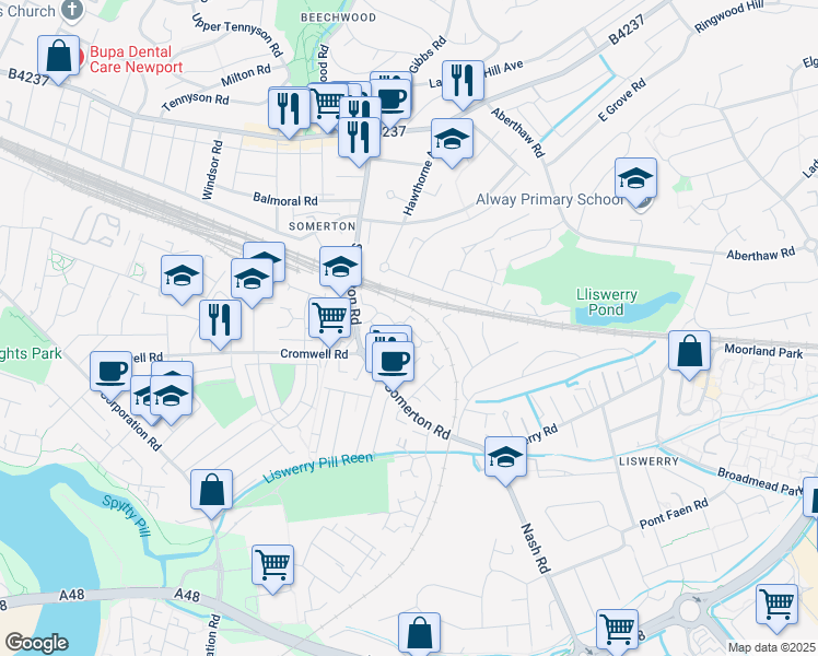map of restaurants, bars, coffee shops, grocery stores, and more near Collingwood Avenue in Newport