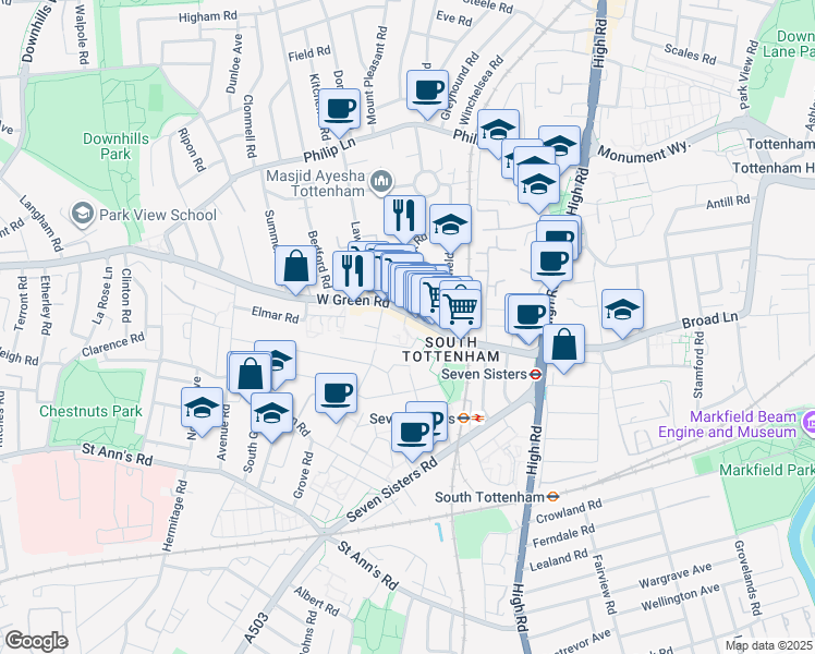 map of restaurants, bars, coffee shops, grocery stores, and more near Bomond Close in Greater London