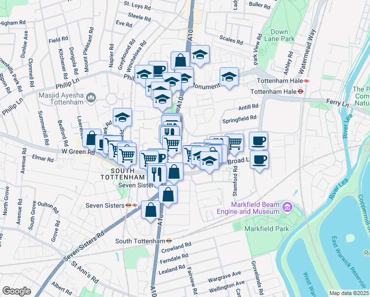 map of restaurants, bars, coffee shops, grocery stores, and more near in Greater London