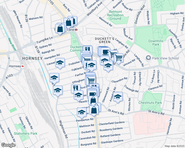 map of restaurants, bars, coffee shops, grocery stores, and more near Green Lanes in Greater London