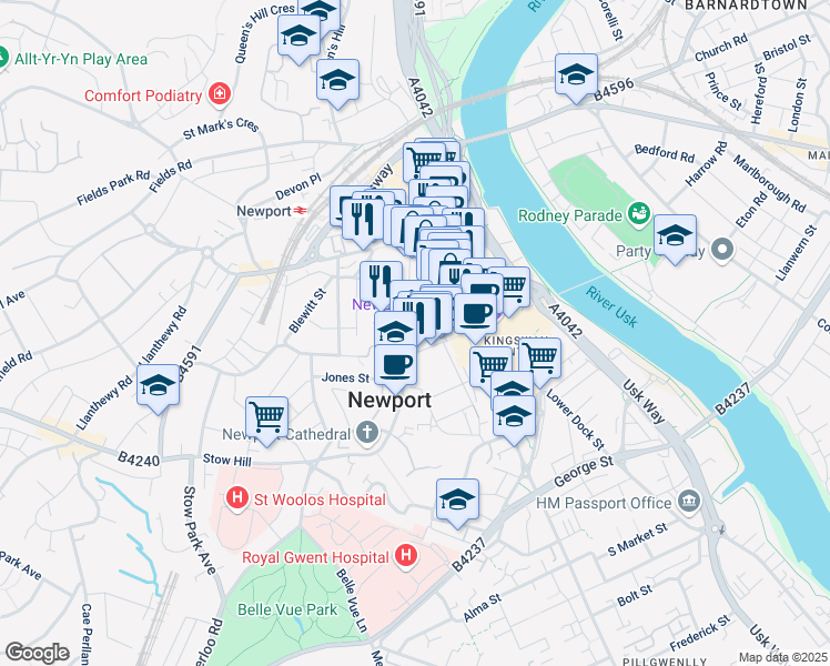 map of restaurants, bars, coffee shops, grocery stores, and more near Stow Hill in Newport