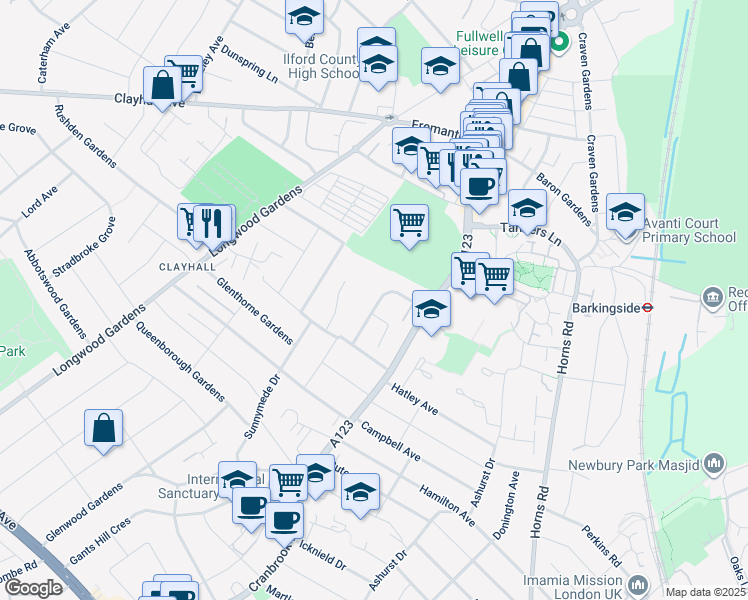 map of restaurants, bars, coffee shops, grocery stores, and more near in Ilford