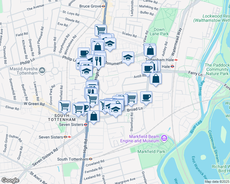 map of restaurants, bars, coffee shops, grocery stores, and more near Tynemouth Road in Greater London