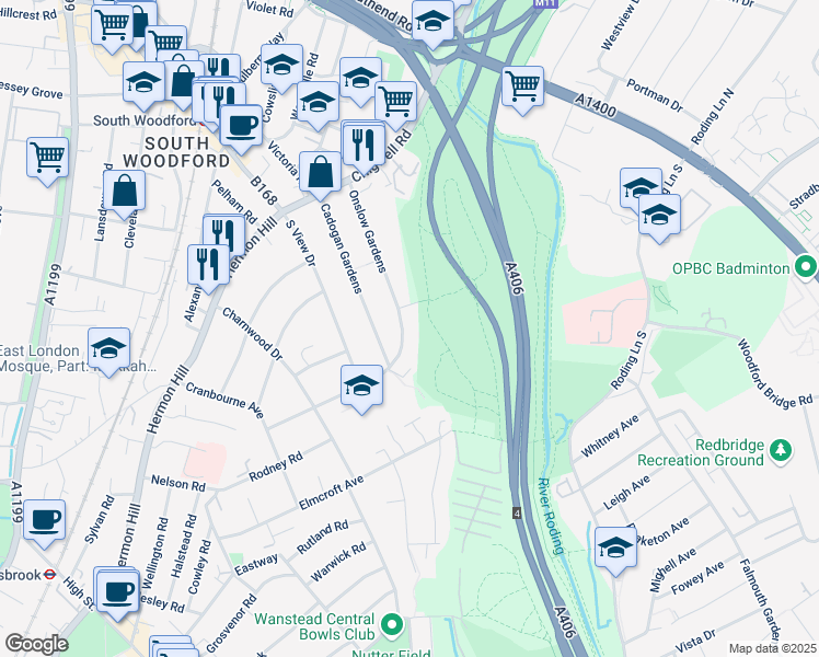 map of restaurants, bars, coffee shops, grocery stores, and more near 127 Onslow Gardens in Greater London