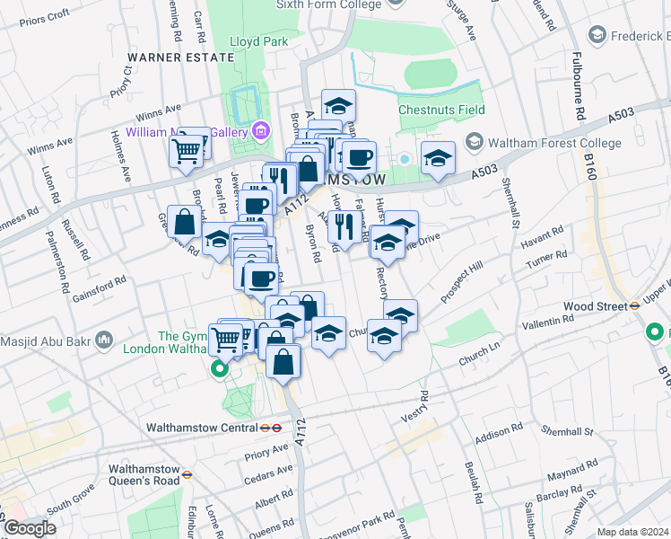 map of restaurants, bars, coffee shops, grocery stores, and more near in London