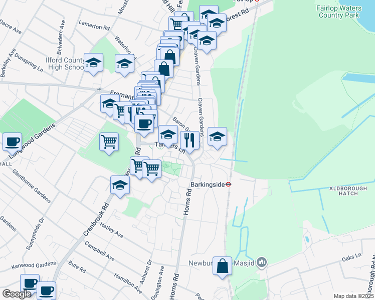 map of restaurants, bars, coffee shops, grocery stores, and more near in Ilford