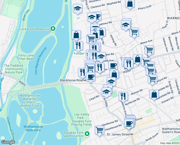 map of restaurants, bars, coffee shops, grocery stores, and more near 5 Blackhorse Lane in Greater London