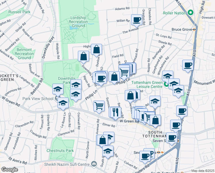 map of restaurants, bars, coffee shops, grocery stores, and more near  in London