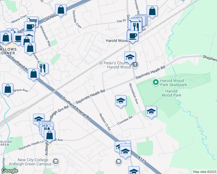 map of restaurants, bars, coffee shops, grocery stores, and more near 90 Squirrels Heath Road in Greater London