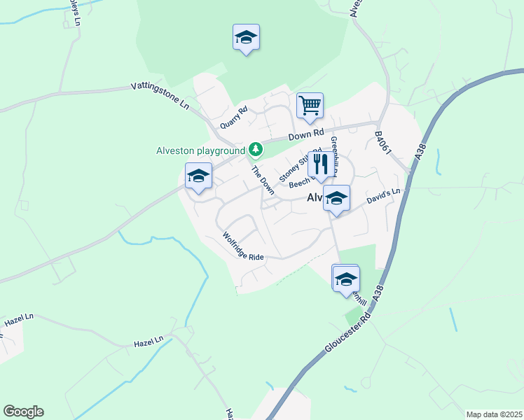 map of restaurants, bars, coffee shops, grocery stores, and more near 24 The Square in Alveston
