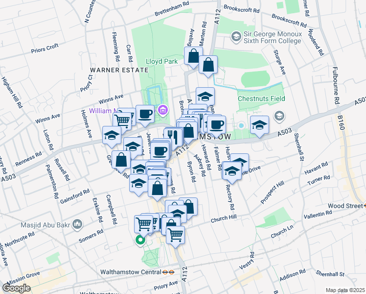 map of restaurants, bars, coffee shops, grocery stores, and more near 40 Hoe Street in Greater London