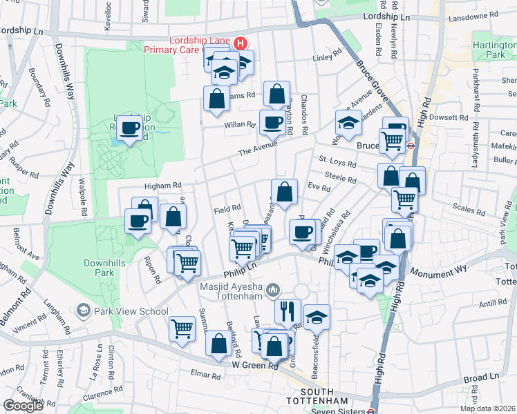 map of restaurants, bars, coffee shops, grocery stores, and more near Fairbourne Road in Greater London