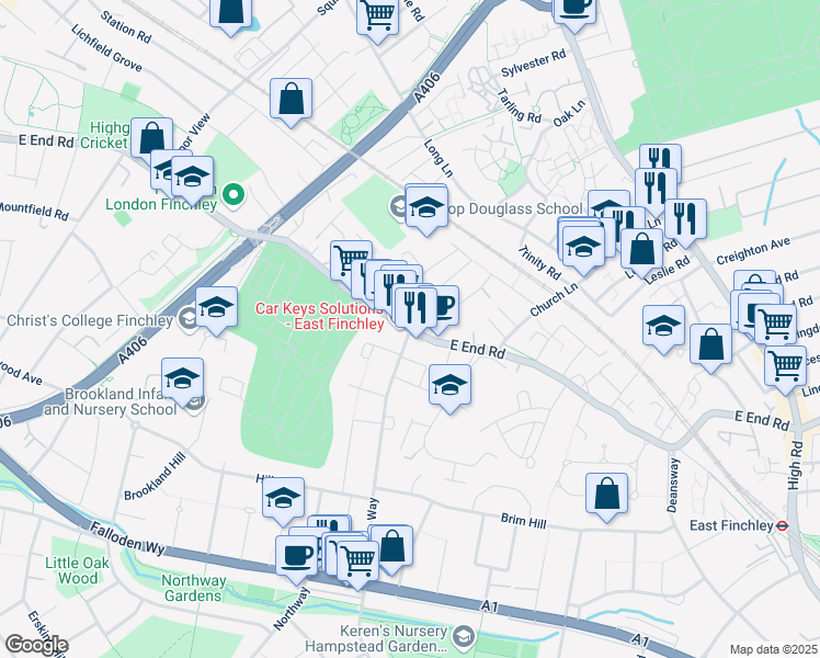 map of restaurants, bars, coffee shops, grocery stores, and more near East End Road in Greater London