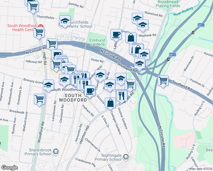 map of restaurants, bars, coffee shops, grocery stores, and more near 37 Woodville Road in Greater London