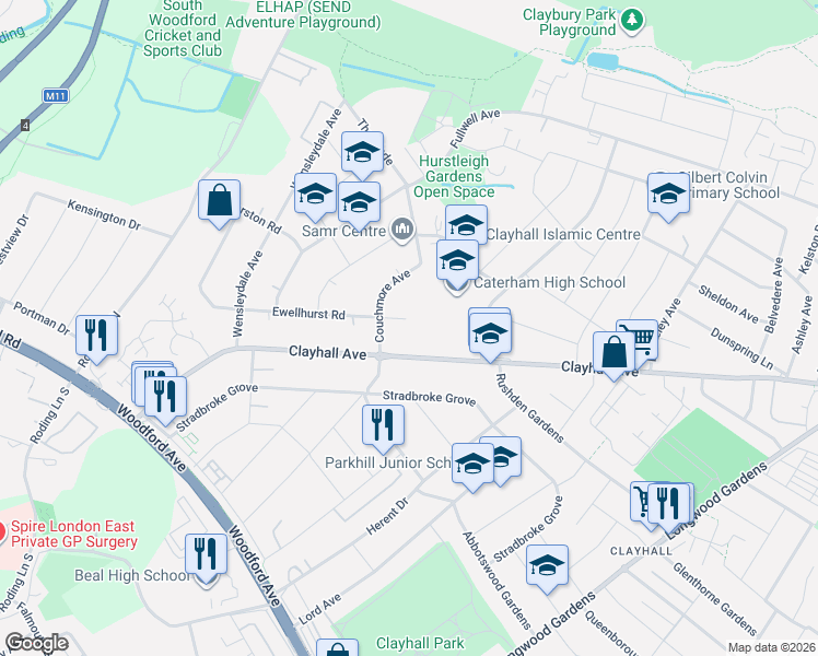 map of restaurants, bars, coffee shops, grocery stores, and more near 20 Saint Clair Close in Greater London