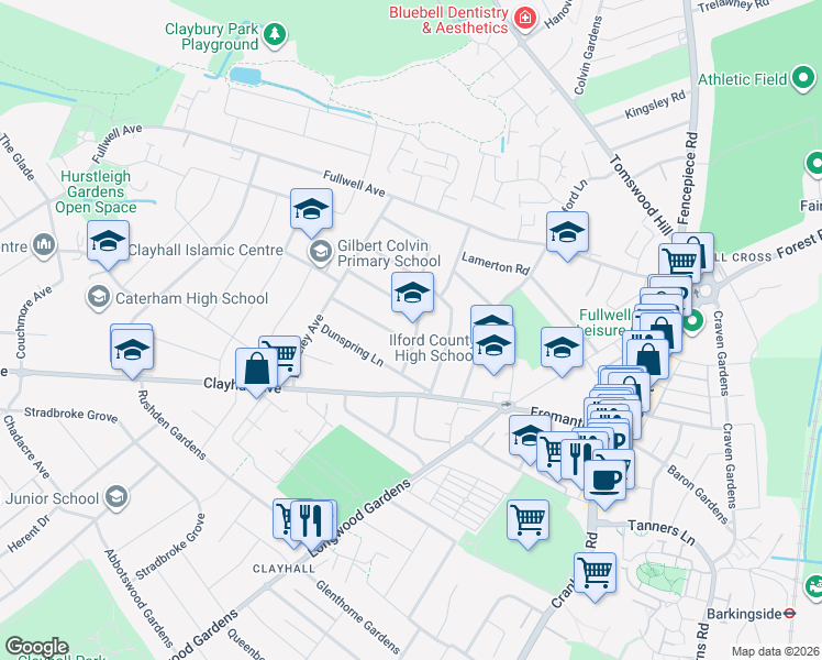 map of restaurants, bars, coffee shops, grocery stores, and more near 5 Sheldon Avenue in Ilford