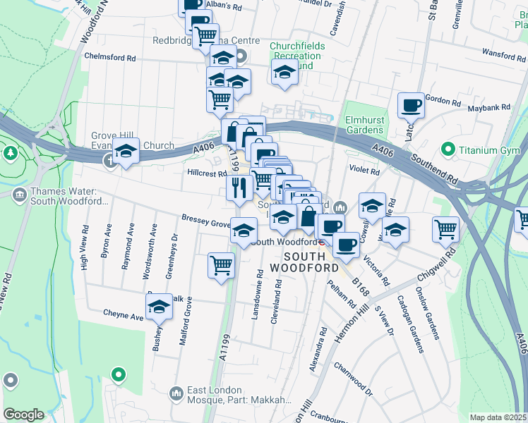 map of restaurants, bars, coffee shops, grocery stores, and more near 24 Glebelands Avenue in Greater London
