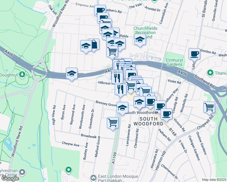 map of restaurants, bars, coffee shops, grocery stores, and more near in London