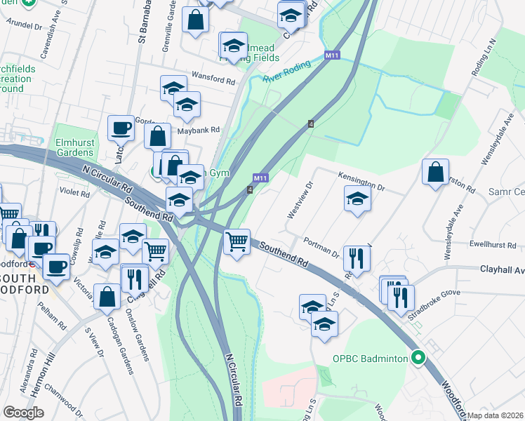 map of restaurants, bars, coffee shops, grocery stores, and more near 30 Lechmere Avenue in Woodford