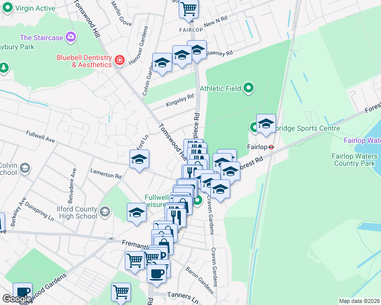 map of restaurants, bars, coffee shops, grocery stores, and more near 5 Fencepiece Road in Greater London