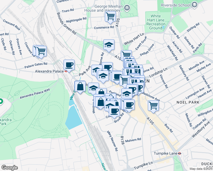 map of restaurants, bars, coffee shops, grocery stores, and more near in Greater London