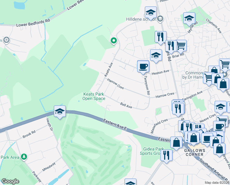 map of restaurants, bars, coffee shops, grocery stores, and more near 3 Ellmore Close in Romford