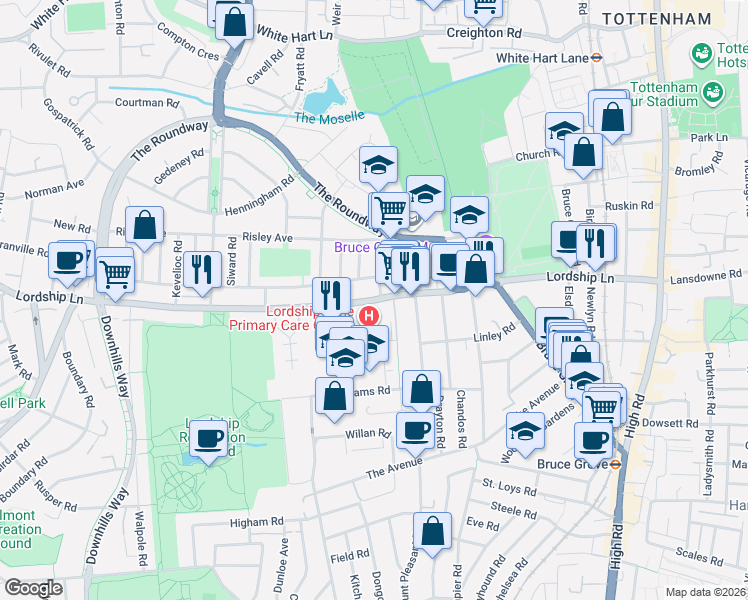 map of restaurants, bars, coffee shops, grocery stores, and more near Lordship Lane in Greater London