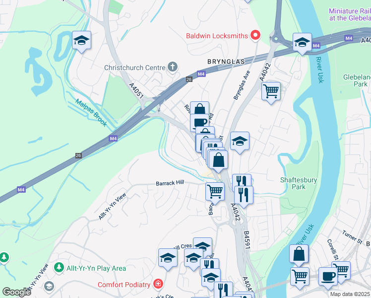 map of restaurants, bars, coffee shops, grocery stores, and more near Walford Street in Newport