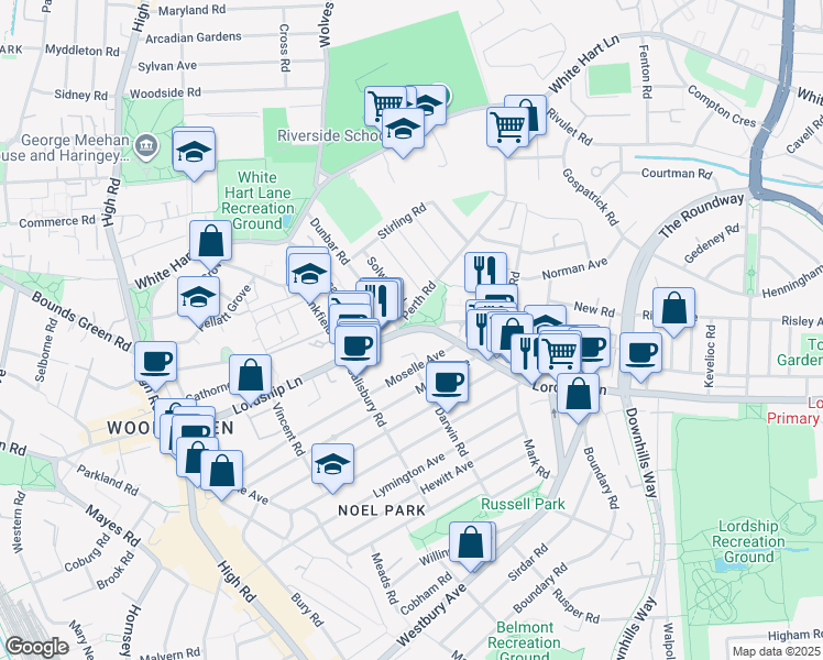 map of restaurants, bars, coffee shops, grocery stores, and more near Lordship Lane in Greater London