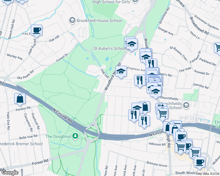map of restaurants, bars, coffee shops, grocery stores, and more near in Woodford