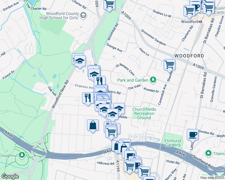 map of restaurants, bars, coffee shops, grocery stores, and more near in Woodford